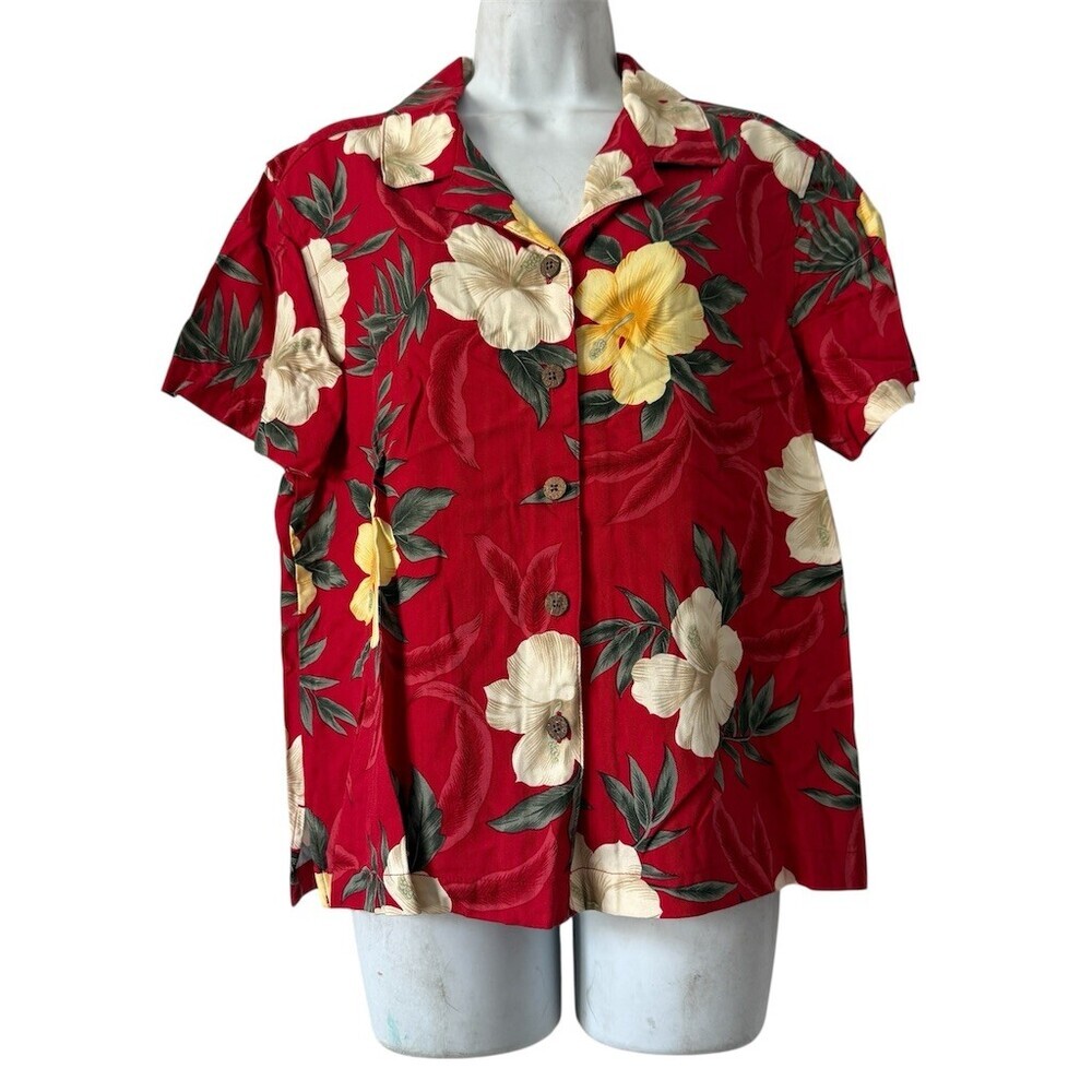 Vtg SUNSET COVE Button-Up Shirt Womens Size L Red Hibiscus Floral Hawaiian Aloha
